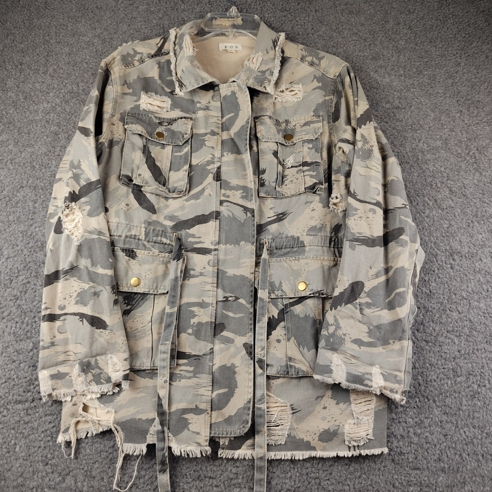 POL Cotton Jacket Sz Small Camo Distressed Utility Field Military GrungeEUC